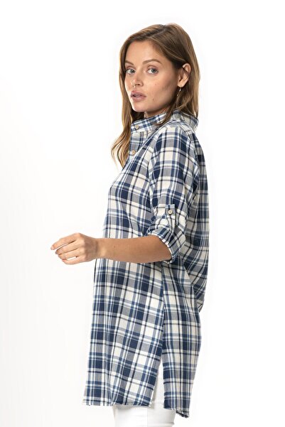 Eliş Şile Bezi Women's Şile Cloth High Neck Summer Tunic Navy Blue Plaid 3058