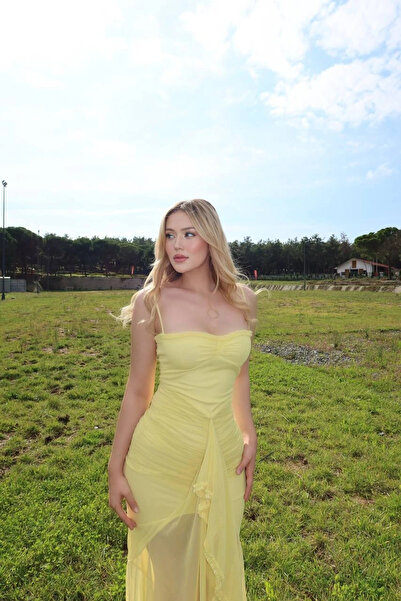 VİSKALİ Sarı Büzgülü Fırfır Detaylı Askılı Uzun Elbise