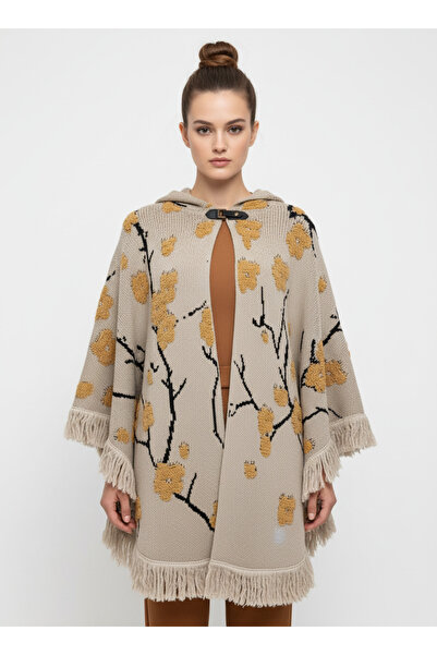 Uludağ Triko Beige Embossed Floral Pattern Hooded Women's Poncho