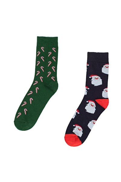 SHOPIENS Christmas Socks, Santa Claus and Candy Cane Pattern, Blue and Green, Size 41-46, Set of 2 Pairs, MYO
