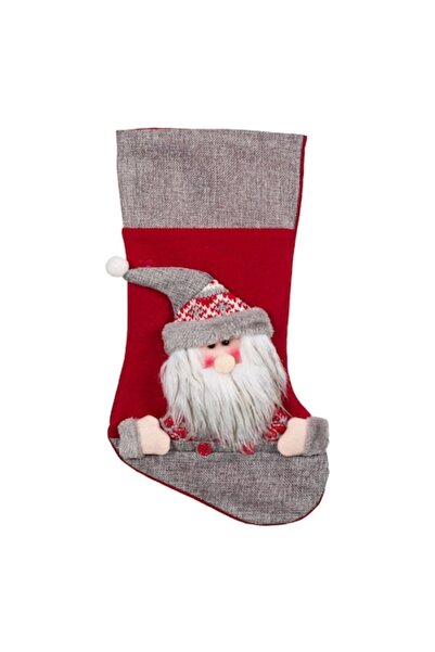 SHOPIENS 3D Коледен Декоративен Чорап Дядо Коледа, Червен и Сив, 45 см, Полие...