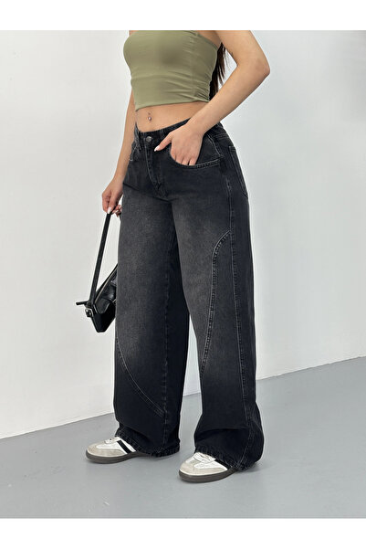 asfamoda Γυναικείο τζιν παντελόνι με μαύρη ραφή, που πλένεται, φαρδύ, με φαρδ...