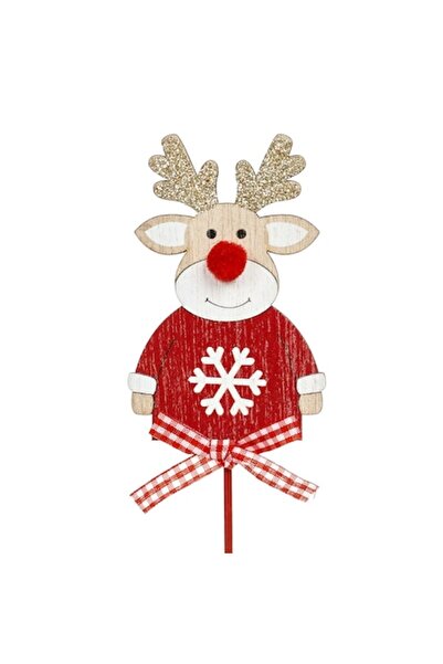 SHOPIENS Decorațiune de Crăciun din lemn cu ren, coarne cu sclipici, nas cu pompon, panglică în carouri, 30 cm