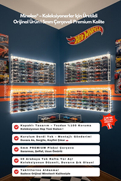 Minoleo Orijinal Minoleo® 49 Kapasiteli 1:64 Diecast Pleksi Araba Rafı- Ekonomik 3mm Çerçeveli +Led Hediyeli