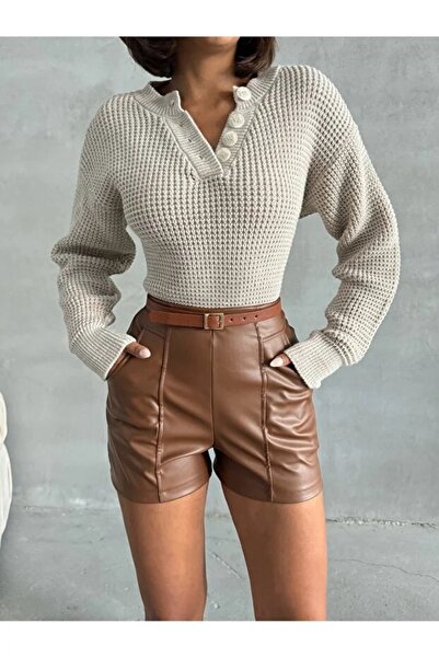 citystyle Women's Stone Buttoned Knitwear Sweater Crew Neck Long Sleeve Stylish Soft Textured