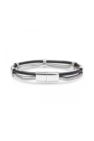 Generic Brand Spiral Steel Chain and Leather Bracelet 3351Blk1001