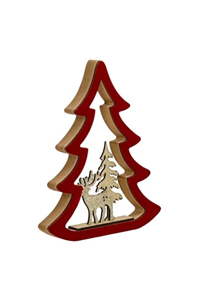 SHOPIENS Decorațiune de Crăciun din lemn - Cerb și Brad, Roșu, 21 cm