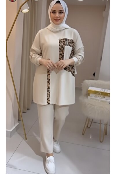 Kırmızı iz Leopar Detaylı Tesettür Tunik Pantolon Takımı