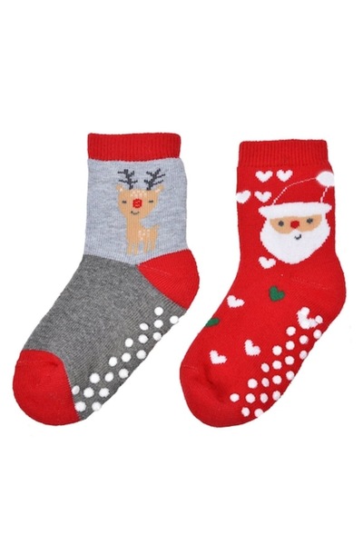 SHOPIENS Christmas Anti-Slip Socks, Santa & Reindeer, Red and Grey, Set of 2