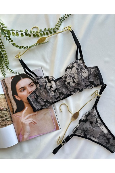 kubotique Black Skin Look Floral Detailed Lingerie Set
