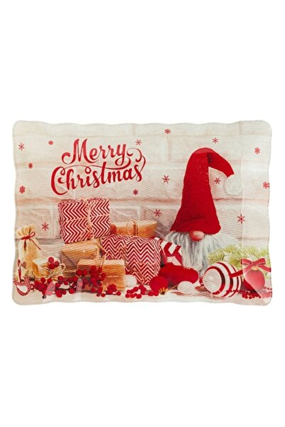 SHOPIENS Platou de Crăciun din sticlă, cadouri Gnome, roșu și bej, 36x26 cm
