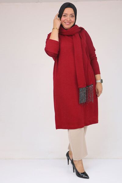 Eslina 58158-1 Plus Size Scarf-Tassel Mir Tunic - Burgundy
