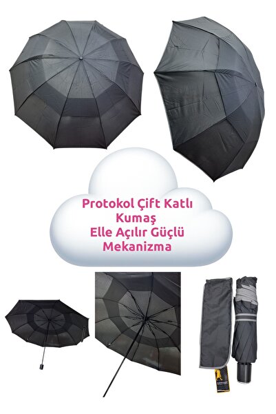 Rainwalker Siyah Çift Katlı Protokol Manuel Elle Açmalı Güçlü Mekanizmalı Unisex