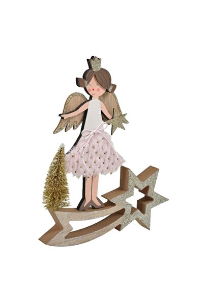 OEM Decorațiune de Crăciun îngeraș din lemn cu rochie roz, stea și brad cu sc...
