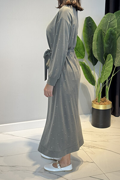 Lale Butik Stone Detailed Dress 92039 Khaki