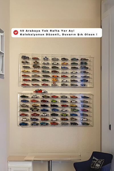Minoleo Orijinal Minoleo® 49 Kapasiteli 1:64 Diecast Pleksi Araba Rafı- Ekonomik 3mm Çerçeveli +Led Hediyeli