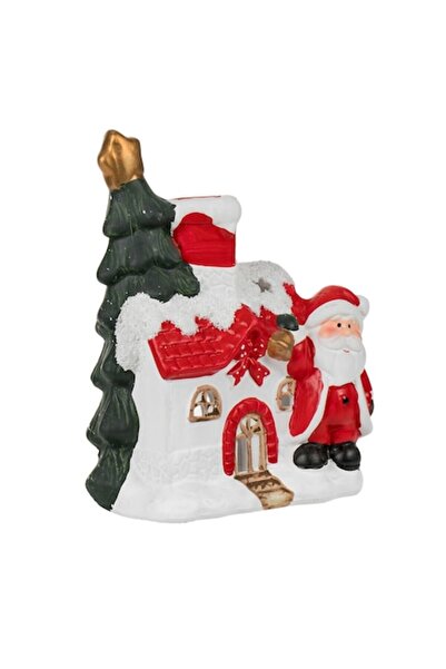 SHOPIENS Felinar ceramic - Căsuță de Crăciun cu Moș Crăciun și Brad, Suport p...