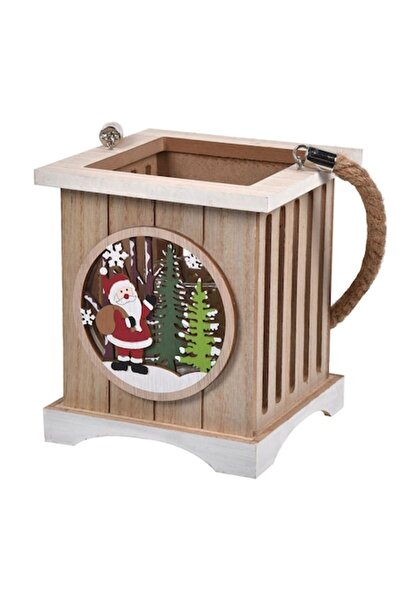 SHOPIENS Felinar decorativ de Crăciun - Moș Crăciun și brazi, lemn, 15x15x17 cm