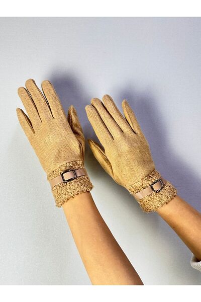 Gönülden Tasarım Cotton Fur and Leather Belt Detail Touchscreen Women's Gloves