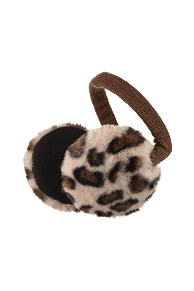 Nordbron Women's Brown Plush Textured Headphones with Leopard Print Knit Detail, Foldable Leo
