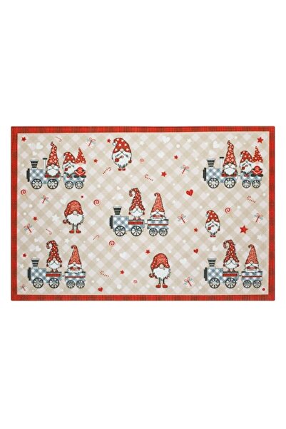 SHOPIENS Covoraș de Crăciun bej - Moș Crăciun, Gnomi și Trenulețe, 45x30cm, P...