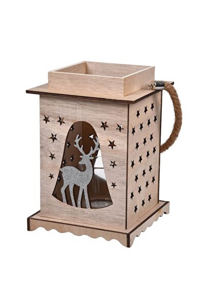 SHOPIENS Christmas Decorative Lantern, Deer Model Silver Glitter, Rope Handle, Wood, 17x17x25cm