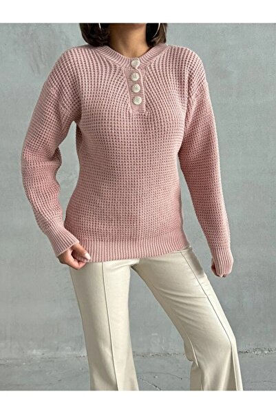 citystyle Women's Powder Buttoned Knitwear Sweater Crew Neck Long Sleeve Stylish Soft Textured