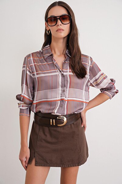 Mixray 4751 Women's Plaid Slim Satin Shirt Beige