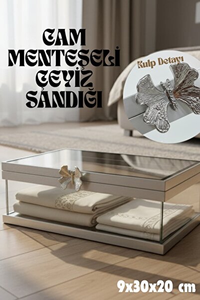 Dantelux Menteşeli Dikdörtgen Cam Sandık (Kelebek Kulp Detaylı) 9x30x20 cm - ...