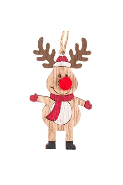 ANTBRO Ornament de Crăciun pentru brad, ren din lemn, nas roșu, 9 cm