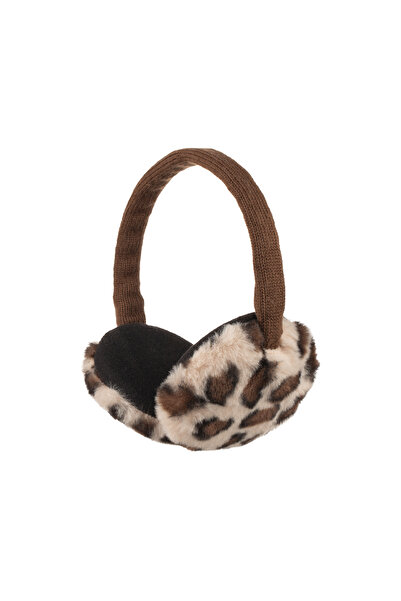 Nordbron Women's Brown Plush Textured Headphones with Leopard Print Knit Detail, Foldable Leo