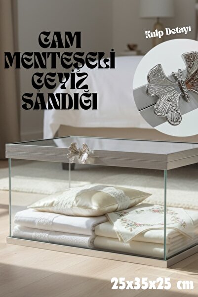 Dantelux Menteşeli Dikdörtgen Cam Sandık (Kelebek Kulp Detaylı)