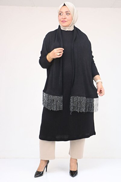 Eslina 58158-1 Plus Size Scarf Tassel Mir Tunic - Black