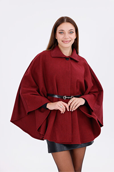 freemen Women's Burgundy Tok Duruşlu Plush Poncho – Warm Winter Outerwear with Buckle Waist Detail
