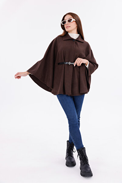 freemen Women's Brown Tok Duruşlu Plush Poncho – Warm Winter Outerwear with Buckle Waist Detail