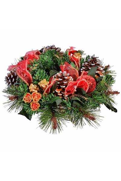 SHOPIENS Inel decorativ de Crăciun, mediu, conuri de pin, flori, globuri, 26 cm