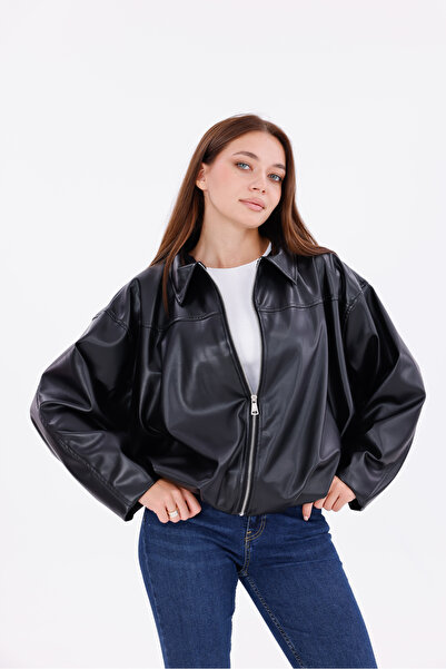 freemen Дамско черно стилно яке с кожа на вид – модерно ежедневно връхно облекло с цип