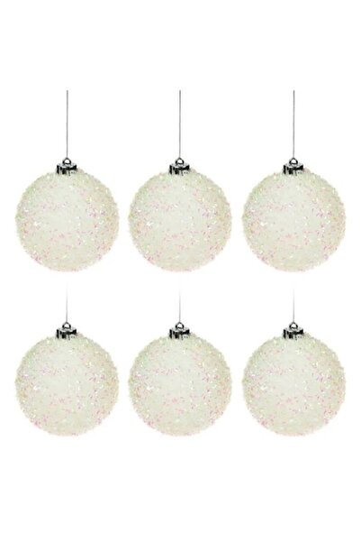 ANTBRO Set de 6 globuri albe pentru brad de Crăciun cu beteală, 8 cm -