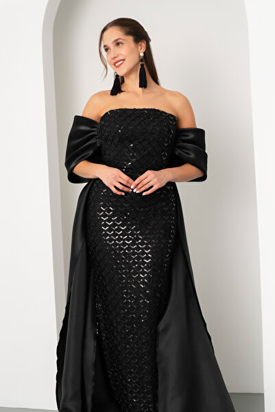 Lafaba Women's Black Strapless Beaded Satin Sweep Train Long Evening Dress