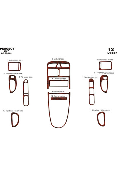 Marscockpitdesign غطاء كونسول وصندوق السيارة لبيجو 307 موديل 2004-2008، 12 قطعة