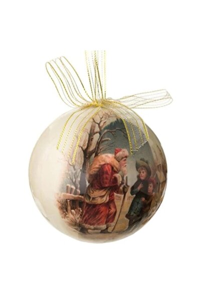 ANTBRO Glob de Crăciun ecru cu Moș Crăciun vintage și copii, 7,5 cm