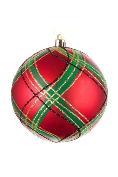 ANTBRO Glob de Crăciun din plastic roșu mat cu model în carouri și dungi auri...