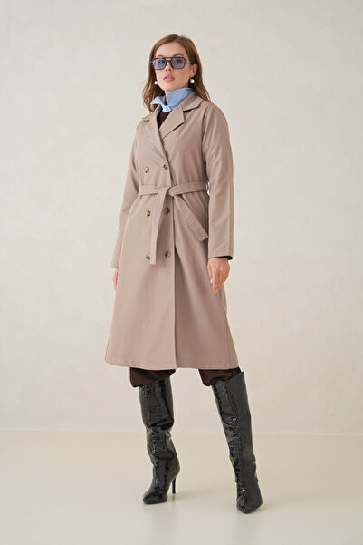 D1fference Noir Kruvaze Kemerli Trençkot – Sık Dokuma ve Rahat Kumaş Kadın Trençkot