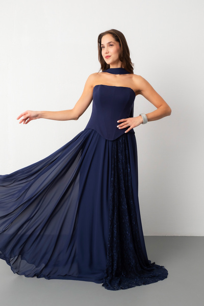 Lafaba Women's Navy Blue Strapless Neckline Pleated Lace Detail Long Evening Dress