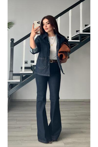Oslove Lacivert Çift Cep Denim Ceket