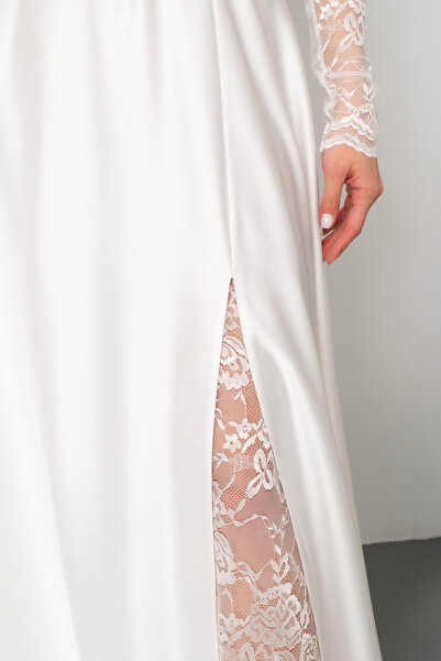 Lafaba Kadın Beyaz Dantel Detaylı Uzun Saten Abiye Elbise