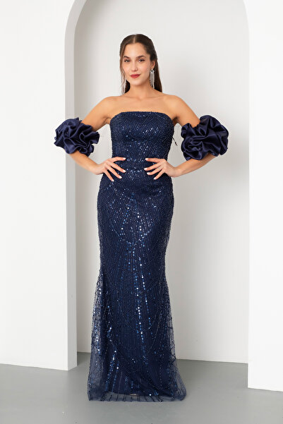 Lafaba Women's Navy Blue Sleeve Detail Beaded Long Evening Dress