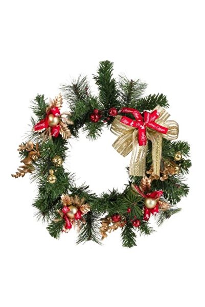 ANTBRO Coroană decorativă de Crăciun cu crengi verzi, funde, globuri aurii și...