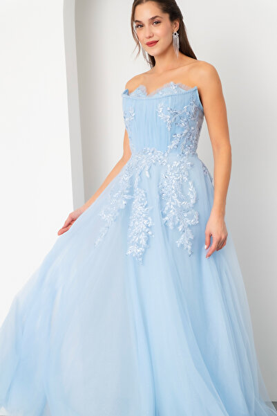 Lafaba Women's Baby Blue Strapless Lace Long Tulle Evening Dress