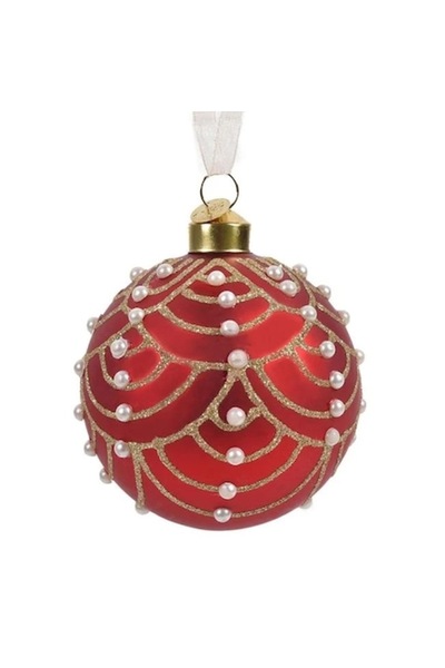 ANTBRO Glob de Crăciun din sticlă, roșu cu dungi aurii și perle albe, 8 cm